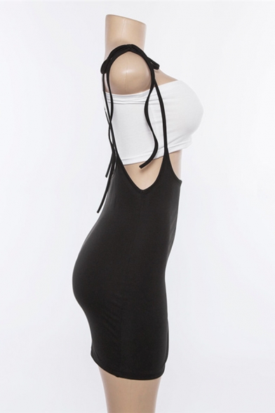 Summer Fashion Spaghetti Straps Split Side Black Plain Fitted Mini Overall Dress for Women