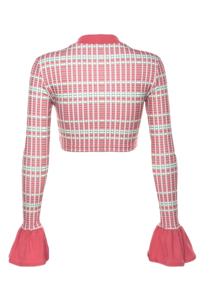 Trendy Girls' Long Sleeve Mock Neck Ruffled Cuff Checked Slim Fit Crop T-Shirt in Pink
