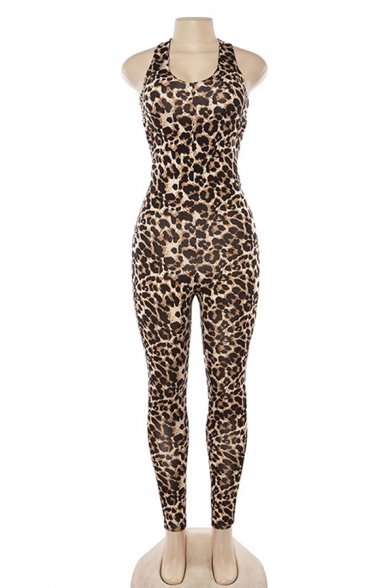 Unique Sexy Ladies' Sleeveless Leopard Printed Hollow Out Back Ankle Skinny Tank Jumpsuit in Brown