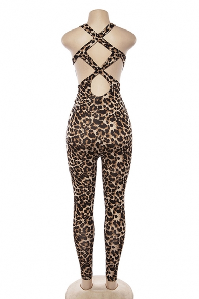Unique Sexy Ladies' Sleeveless Leopard Printed Hollow Out Back Ankle Skinny Tank Jumpsuit in Brown