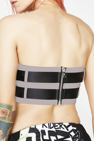 Unique Women's Sleeveless Strapless Buckle Strap Zip Back Contrasted Reflective Grey Crop Tube Top