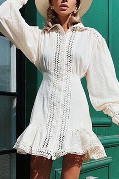 White Ethnic Ladies Bouffant Sleeve Lapel Collar Contrast Lace Ruffled Trim Short A-Line Dress Shirt