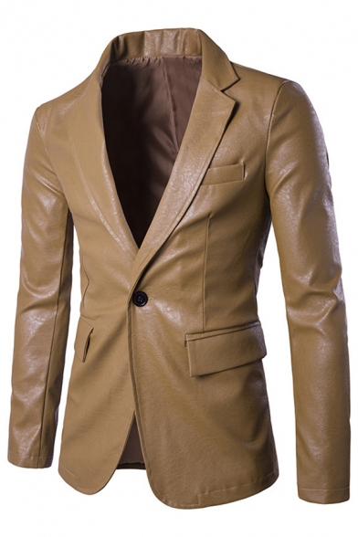 Winter Popular Solid Color Long Sleeve Single Button PU Leather Blazer Jacket for Men