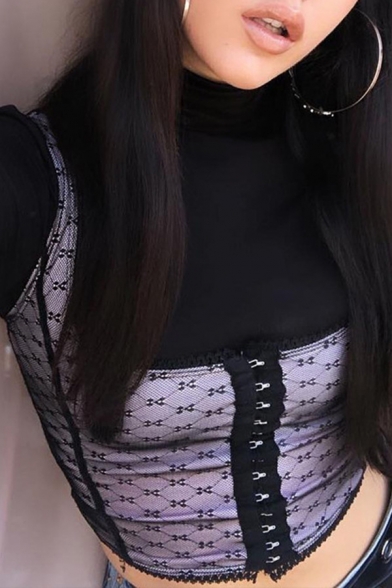 Women's Sexy Black Sleeveless Scoop Neck Mesh Polka Dot Print Lace Trim Hoop Ruffled Crop Tank Top