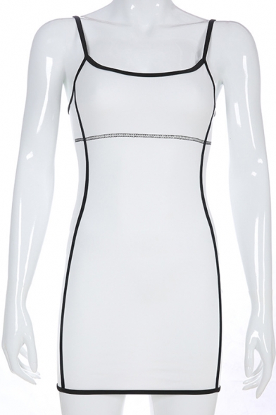 Womens Casual Simple Contrast Spaghetti Straps Open Back White Active Mini Cami Dress