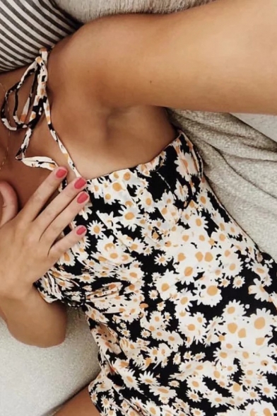 Womens Chic Daisy Pattern Tied Straps Zip Placket Black Mini A-Line Slip Dress