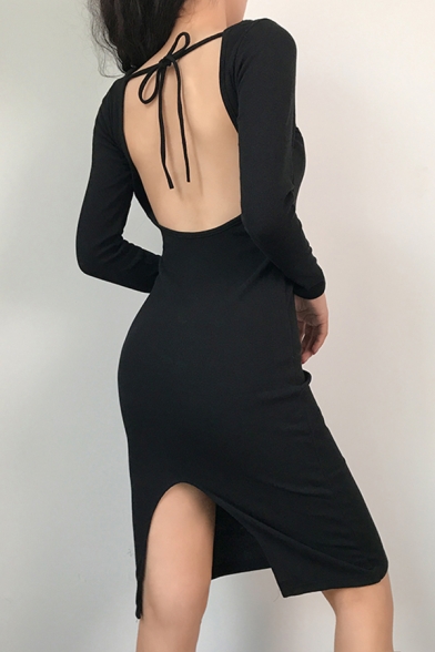 Womens Classic Black Plain Tied Open Front Long Sleeve Back Split Midi Party Dress