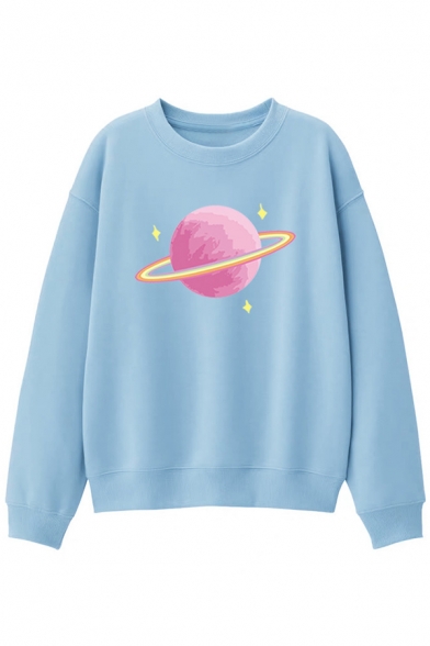 Womens Cute Pink Planet Printed Crewneck Long Sleeve Loose Pullover Sweatshirt