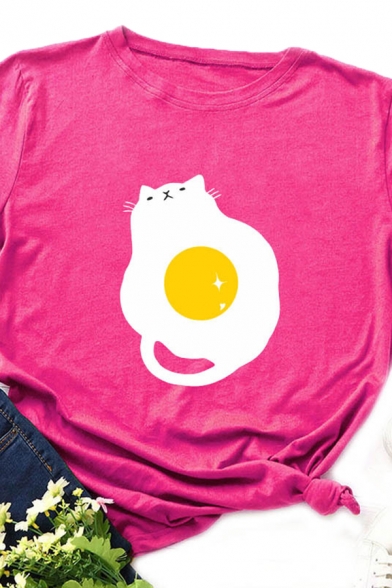 Womens Cute Poached Egg Cat Printed Short Sleeve Casual T-Shirt