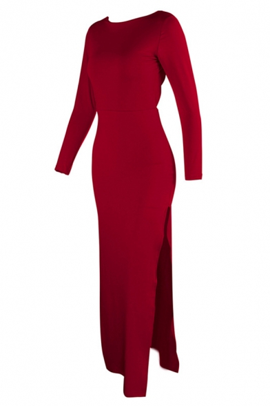 Womens Elegant Solid Color Long Sleeve Backless High Split Floor Length Cocktail Party Dress