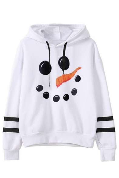 Womens Lovely Snowman Face Print Striped Long Sleeve White Drawstring Hoodie