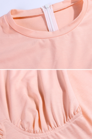 Womens New Stylish Plain Pink Long Sleeve Crew Neck Knit Mini Bodice Party Dress