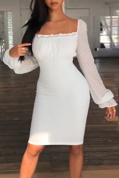 Womens Plain White Dot Printed Lace Bell Long Sleeve Lace Up Back Midi Pencil Dress for Party