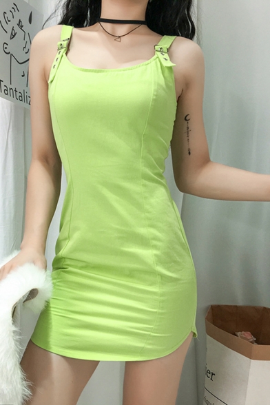Womens Popular Solid Color Green Adjustable Straps Arc Hem Mini Nightclub Dress