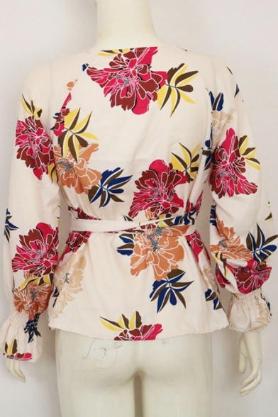 Womens Stylish Floral Pattern Bell Long Sleeve Surplice V-Neck Tied Wrap Shirt in Beige