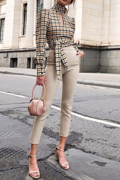 Yellow Checked Pattern High Collar Puff-Sleeve Keyhole Front Backless Tied Hem Slim Fitted Short Top