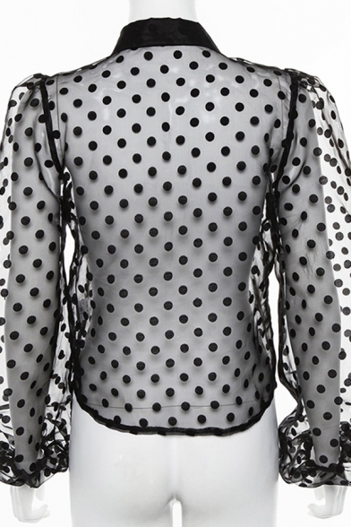 Black Sexy Blouson Sleeve Point Collar Polka Dot Button Down Sheer Mesh Fit Blouse for Female