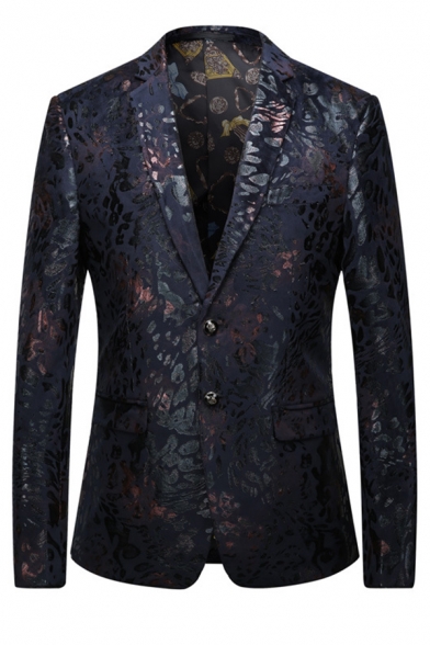 Britpop New Fashionable Pattern Printed Long Sleeve Notched Lapel Double Buttons Black Suit Blazer