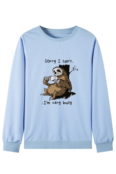Cartoon Bradypod SORRY I CAN'T I'M VERY BUSY Letter Printed Long Sleeve Pullover Sweatshirt