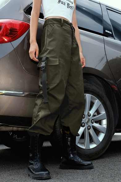 Casual Cool High Waist Utility Buckle Detail Cuffed Ankle Length Plain Relaxed Cargo Pants for Girls