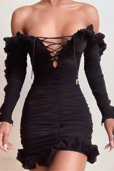 Chic Ruffle Trim Off the Shoulder Tie Front Long Sleeve Ruched Mesh Mini Night Club Dress in Black