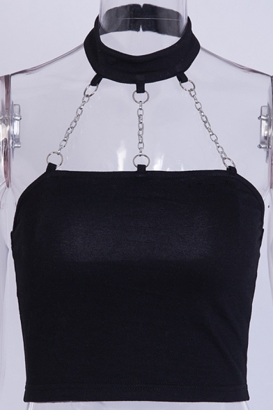 Cool Girls' Black Sleeveless Choker Chain Halter Crop Tube Top for Nightclub