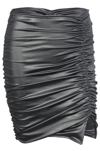 Cool Sexy Black High Waisted Ruched Split Leather Tight Mini Skirt for Party Girls