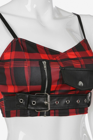 Cool Street Girls Sleeveless V-Neck Plaid Zip Pocket Eyelets Buckle Wrap Crop Cami Top in Red