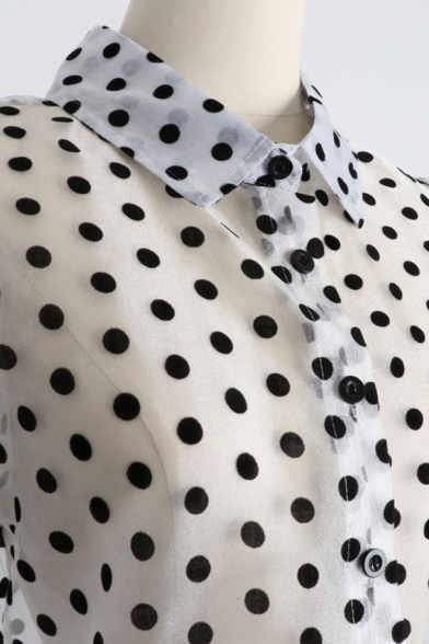 Crazy Sexy Street Blouson Sleeve Pointed Collar Button Down Polka Dot Sheer Casual Shirt for Ladies
