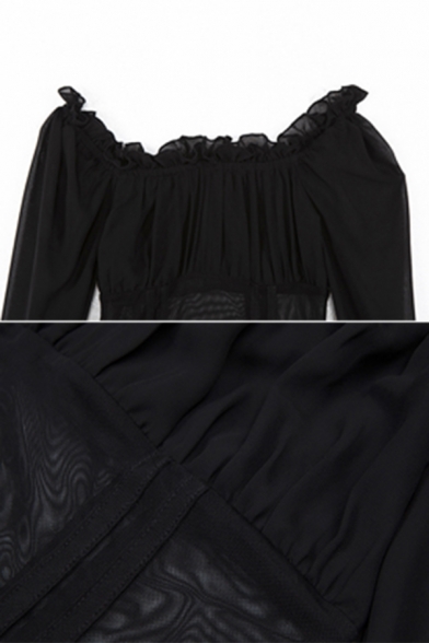 Cute Black Blouson Sleeve Off The Shoulder Stringy Selvedge See-Through Mesh Bodysuit for Female