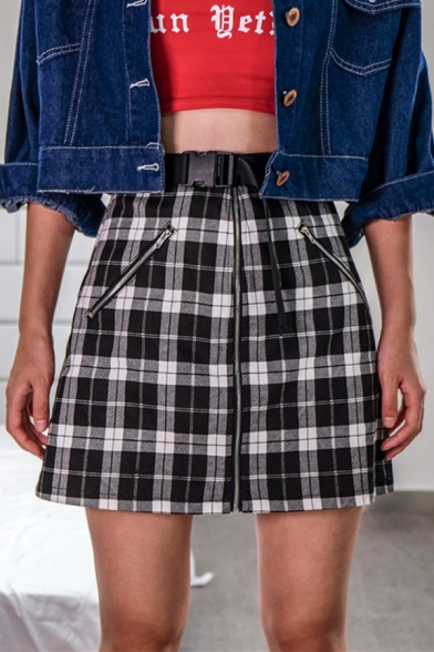 Cute Girls High Waisted Buckle Belt Zip Front and Side Plaid Print Short A-Line Skirt in Black