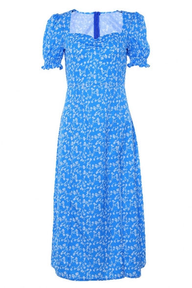 Cute Girls' Puff Sleeve Sweetheart Neck Floral Print Zipper Back High Split Side Long Flowy Dress in Light Blue