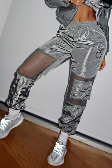 Edgy Looks Elastic Waist Utility See-Through Mesh Patched Cuffed Ankle Grey Relaxed Trousers for Women