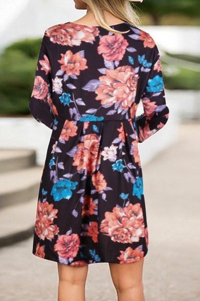 Elegant Ladies Long Sleeve Round Neck Floral Print Pleated Loose Fit Short Swing Dress