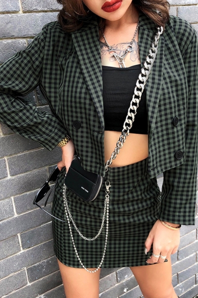 Fashion Girls' High Waisted Plaid Pattern Chain Embellished Slit Bodycon Mini Skirt in Green