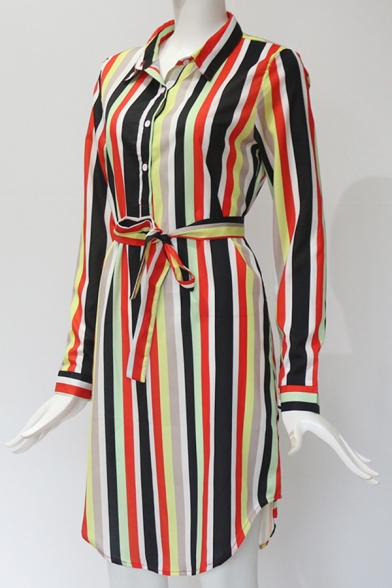 Fashion Ladies' Long Sleeve Lapel Collar Stripe Print Bow-Tie Waist Button Down Slit Side Asymmetric Shift Short Shirt Dress