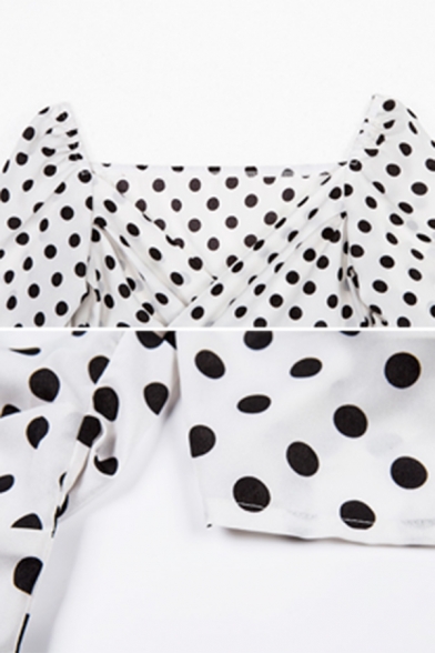 Girls' Cute Long Sleeve V-Neck Polka Dot Pattern Tied Fitted Wrap Crop Blouse Top in White