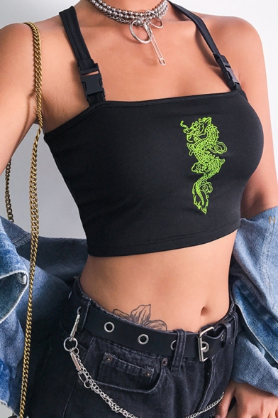 Girls Gothic Street Sleeveless Buckle Strap Cut Out Back Dragon Print Black Slim Crop Tank Top