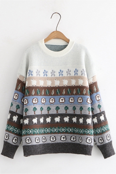 Girls Lovely Sheep Pattern Long Sleeve Crew Neck Oversized Pullover Knitted Sweater