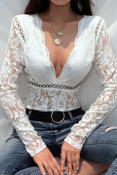 Girls' White Long Sleeve Deep V-Neck Scalloped Hollow Out Lace Semi-Sheer Slim Fit Bodysuit