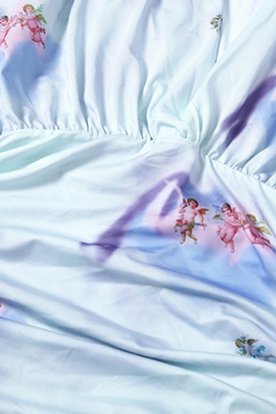 Ladies Chic Blue Angel Printed Long Sleeve Deep V-Neck Ruched Detail Mini Bandage Dress