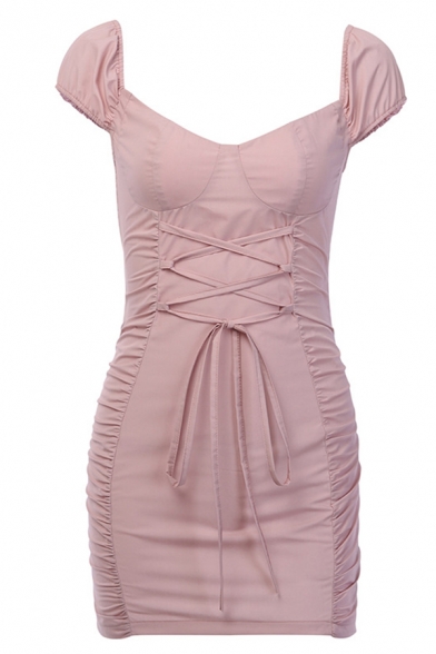 Ladies Chic Plain Pink Off Shoulder Lace Up Gathered Waist Pink Ruched Fitted Mini Dress