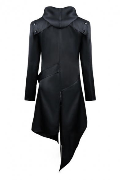 Ladies Cool Black Long Sleeve Ribbon Embellishment Irregular Hem Zip Up Longline Trench Coat