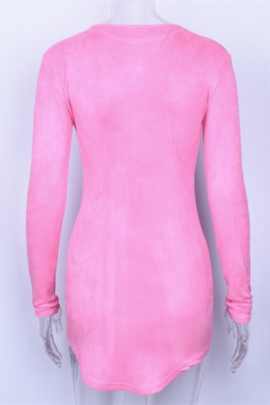 Ladies Popular Solid Color Pink Round Neck Long Sleeve Curved Hem Mini Velvet Party Dress