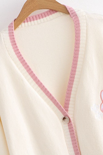 Lovely Rabbit Pattern Contrast Trim V-Neck Long Sleeve Button Front Loose Knit Cardigan