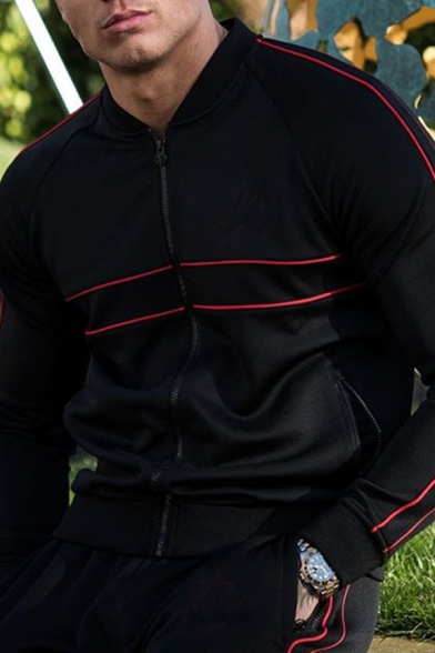 Men's Trendy Plain Long Sleeve Stand-Collar Zip Up Running Sport Slim Bomber Jacket