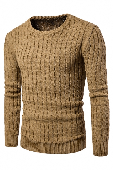 Mens Casual Plain Long Sleeve Crew Neck Slim Fit Cable Knitted Pullover Sweater