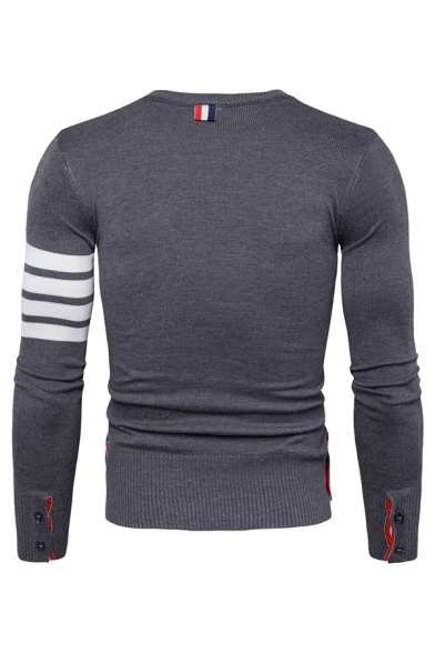 Mens Casual White Stripes Printed Single Sleeve Button Cuffs Boucle Knit Pullover Sweater