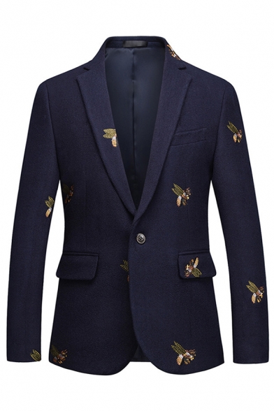 Mens Chic Embroidered Bee Pattern Notch Lapel One Button Flap Pocket Navy Suit Blazer