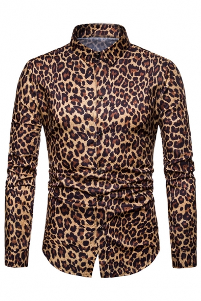 Mens Classic Leopard Digital Print Long Sleeve Single Breasted Slim Fitted Nightclub Shirt
